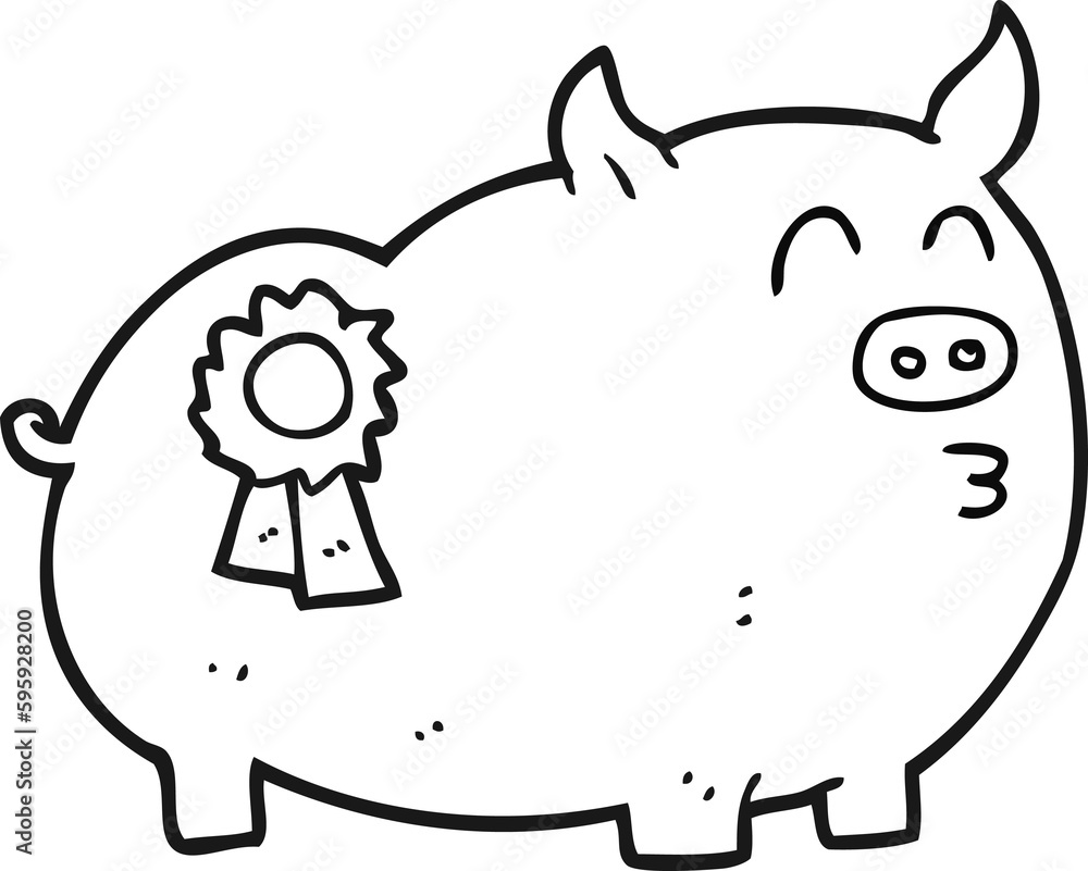 freehand drawn black and white cartoon prize winning pig freehand drawn black and white cartoon prize winning pig