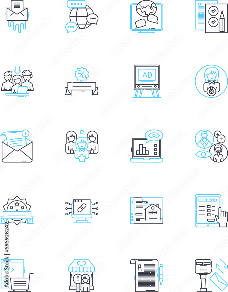 Publicity linear icons set. Promotion, Attention, Hype, Advertising, Buzz, Exposure, Fame line vector and concept signs. PR, Public image, Media outline illustrations
