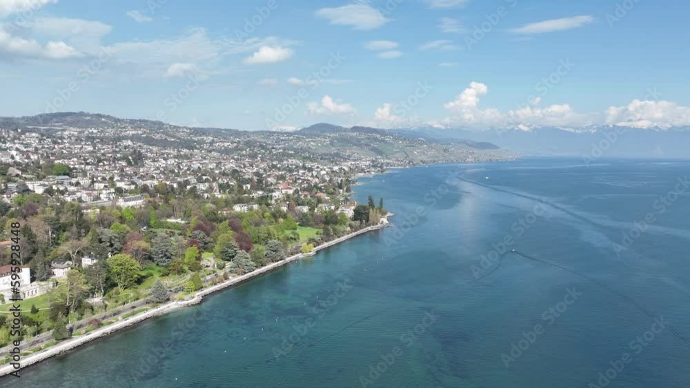 Famous fountain on Lake Leman in Geneva - aerial view by drone Famous fountain on Lake Leman in Geneva - aerial view by drone