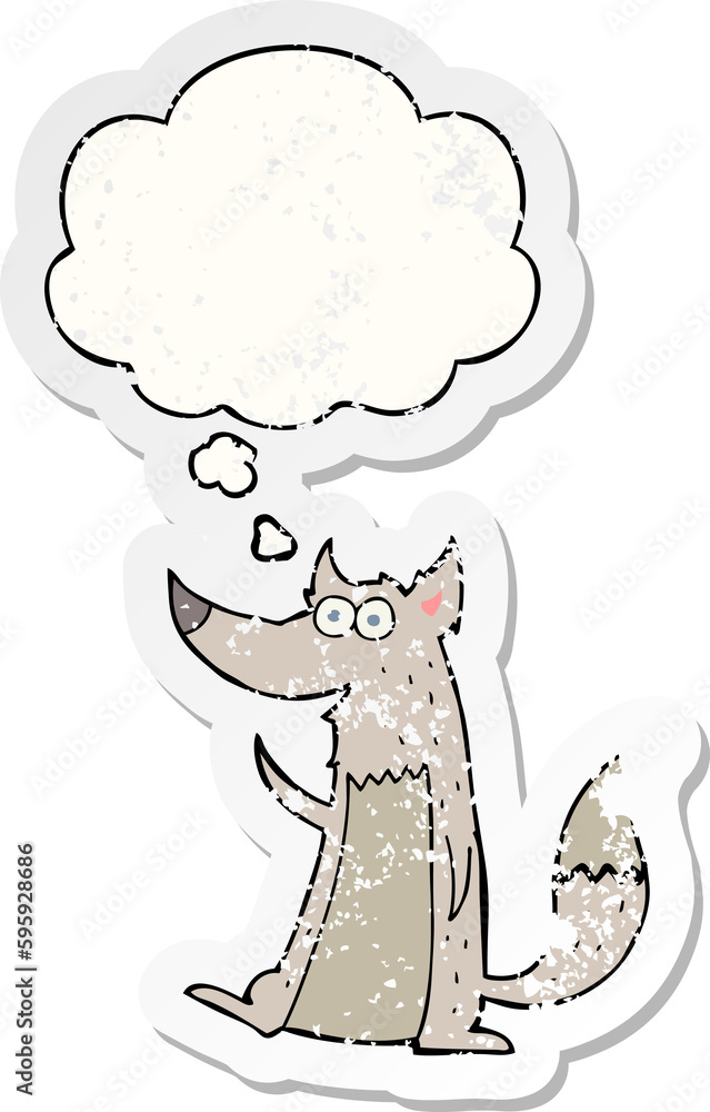 cartoon wolf with thought bubble as a distressed worn sticker cartoon wolf with thought bubble as a distressed worn sticker