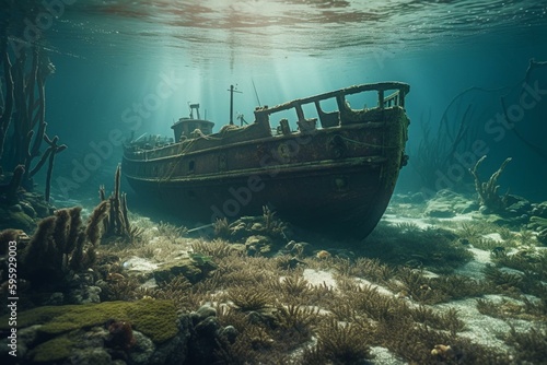 Background of submerged shipwrecks. Generative AI © Thisbe