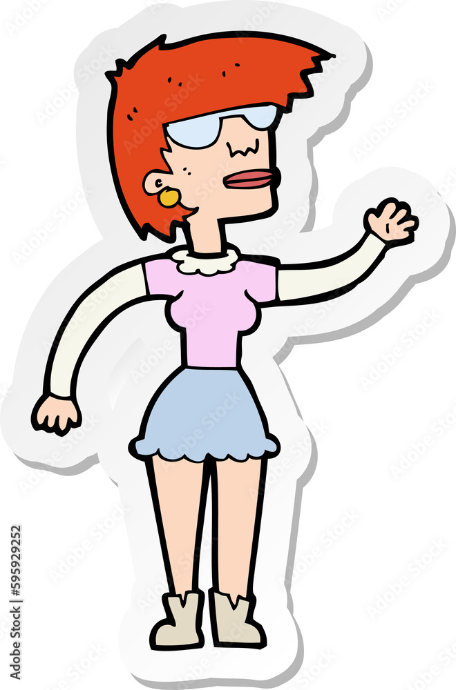 sticker of a cartoon woman in spectacles waving