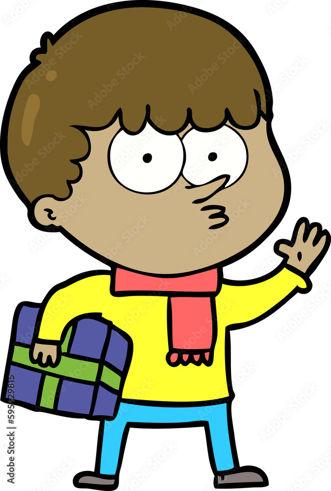 cartoon curious boy carrying a gift cartoon curious boy carrying a gift