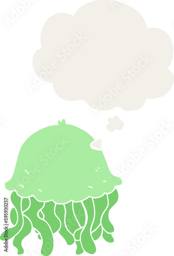 cartoon jellyfish with thought bubble in retro style