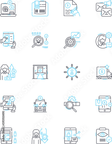Sales pitching linear icons set. Persuasion, Convincing, Pitching, Closing, Negotiating, Nerking, Follow-up line vector and concept signs. Listening,Confidence,Preparation outline illustrations