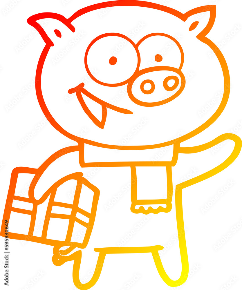 warm gradient line drawing of a cheerful pig with christmas gift warm gradient line drawing of a cheerful pig with christmas gift