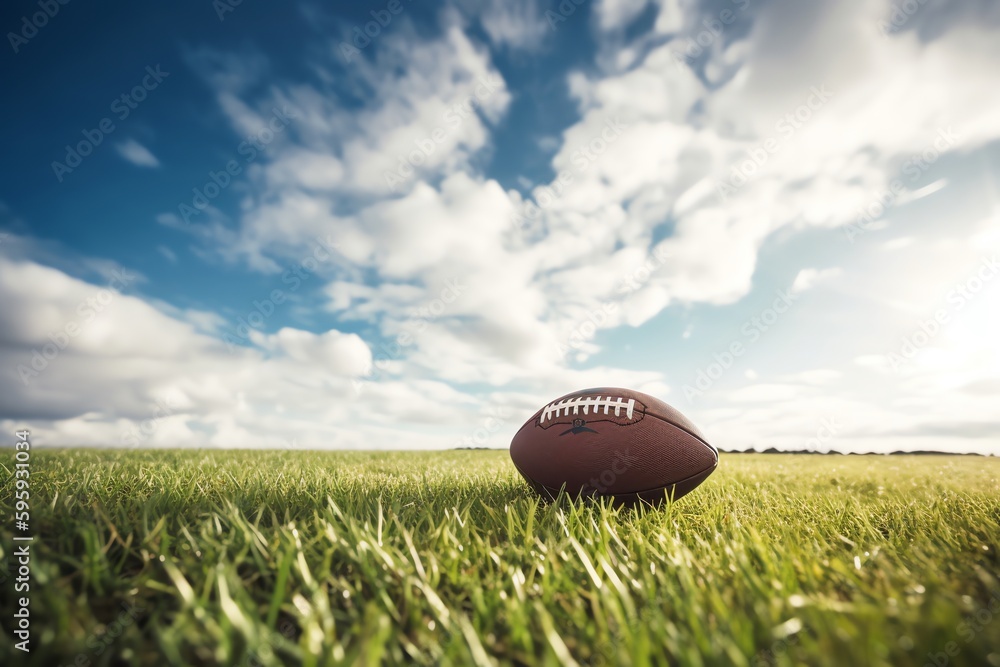 American football on grass with fluffy clouds in the sky. Generative AI American football on grass with fluffy clouds in the sky. Generative AI