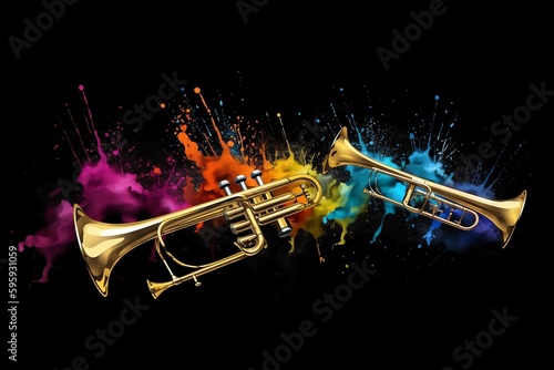 Colorful brass trumpets splash in illustration on black background, in a horizontal banner. Generative AI