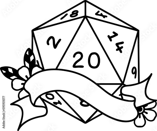 Black and White Tattoo linework Style natural twenty D20 dice roll