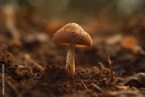 Close up of a magic psilocybin mushroom on dirt. Generative AI