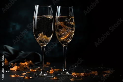 Two Glasses Of Champagne And Confetti On A Dark Background, Isolated. Generative AI