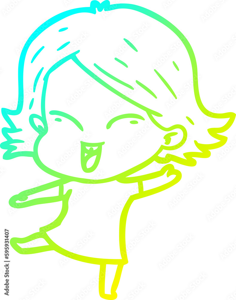 cold gradient line drawing of a happy cartoon girl