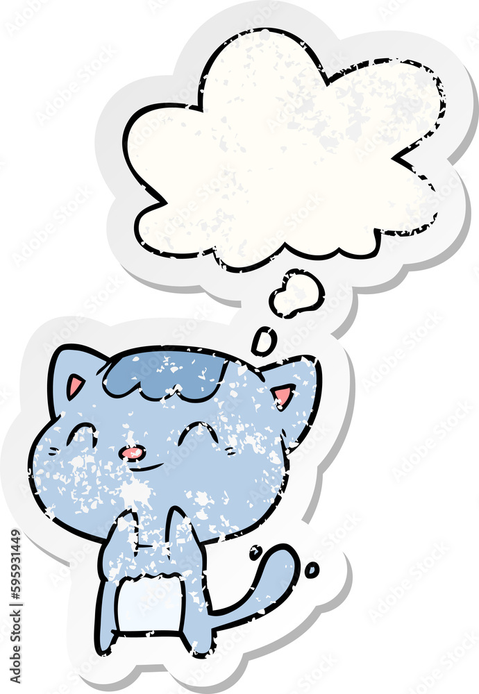 cartoon happy cat with thought bubble as a distressed worn sticker cartoon happy cat with thought bubble as a distressed worn sticker