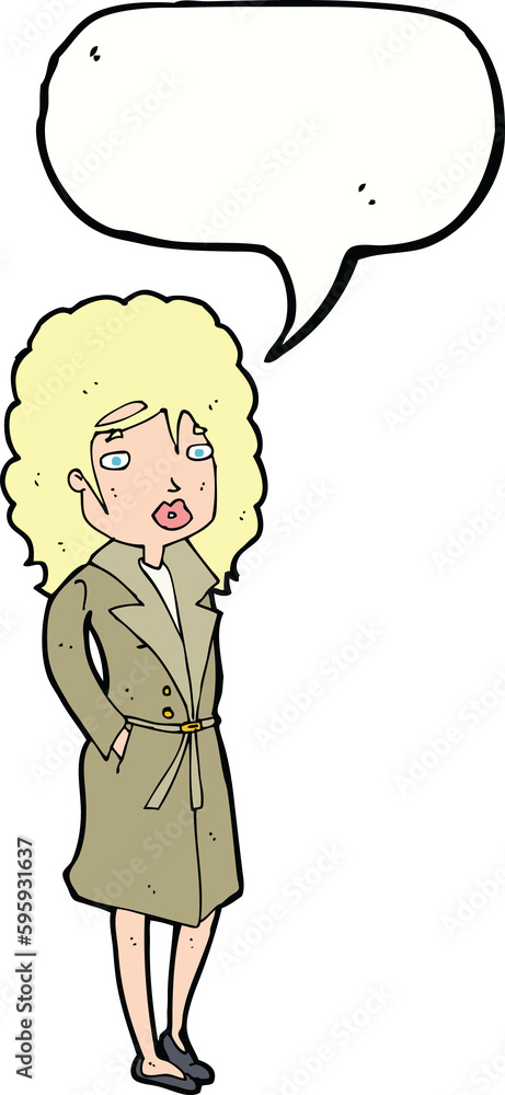 cartoon woman in trench coat with speech bubble cartoon woman in trench coat with speech bubble