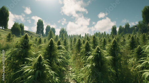 A Scenic View of a Thriving Outdoor Marijuana Field Under Blue Skies Generative AI Photo © Lila Patel