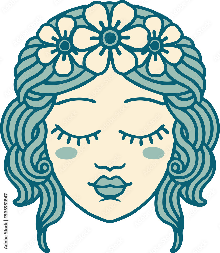 iconic tattoo style image of female face with eyes closed iconic tattoo style image of female face with eyes closed