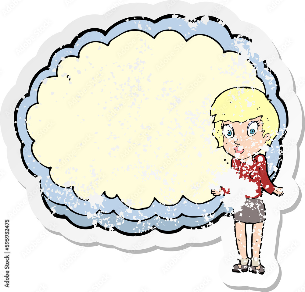 retro distressed sticker of a woman with text space cloud retro distressed sticker of a woman with text space cloud