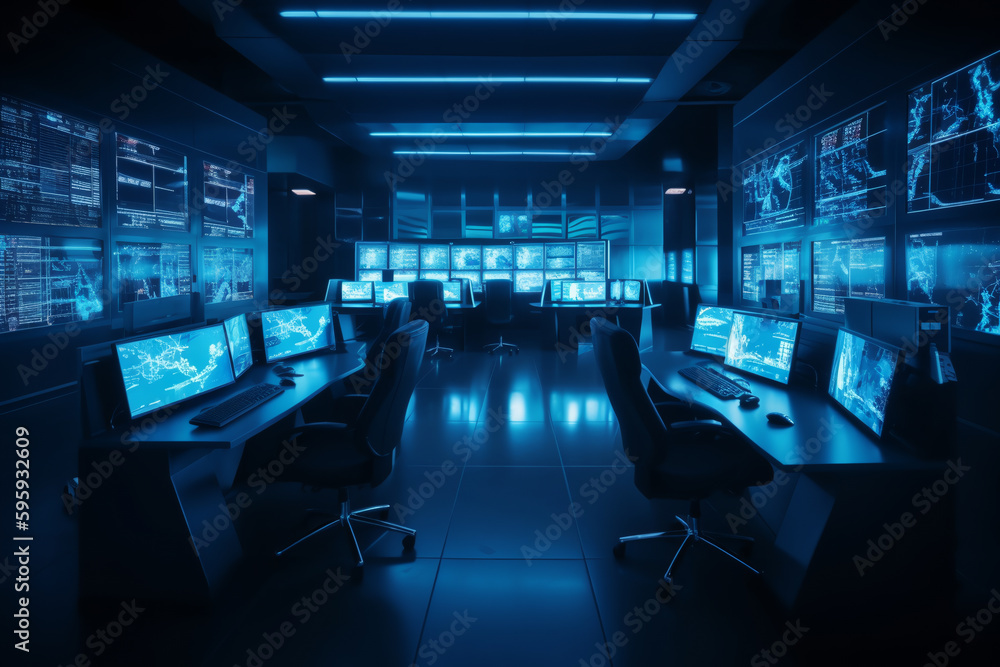 security system control room, workstation, monitoring room with security data center Empty office, desk and chairs. ai generative