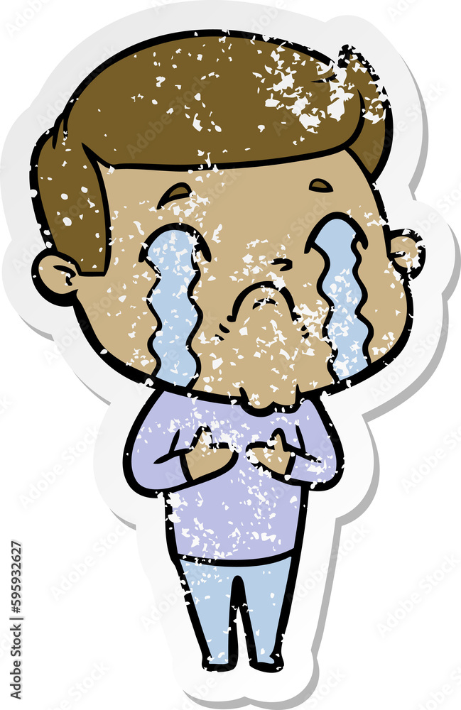 distressed sticker of a cartoon man crying