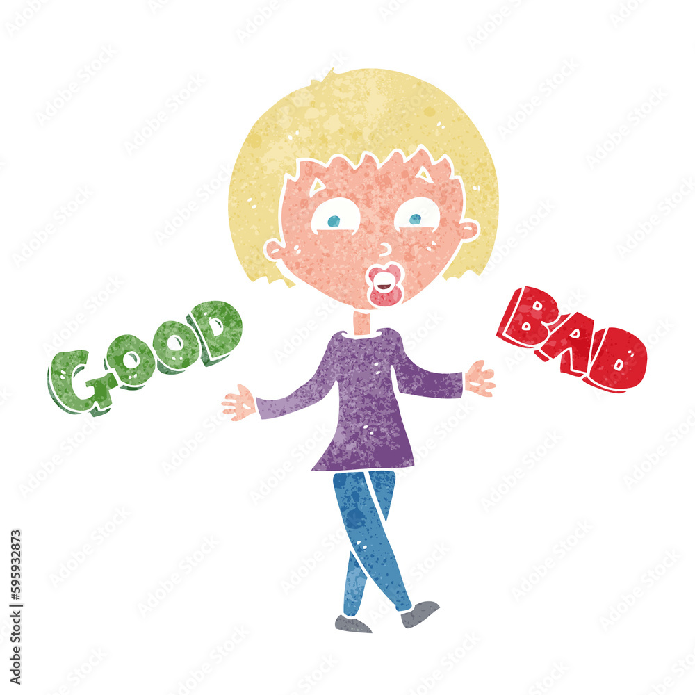 cartoon woman weighing up good and bad options cartoon woman weighing up good and bad options