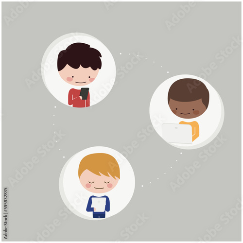 Diversidad de gente joven de negocios usando tecnología de comunicación en línea: hombres con celular, computadora portátil, tableta, movil.  Vector, ilustración, Redes Sociales
