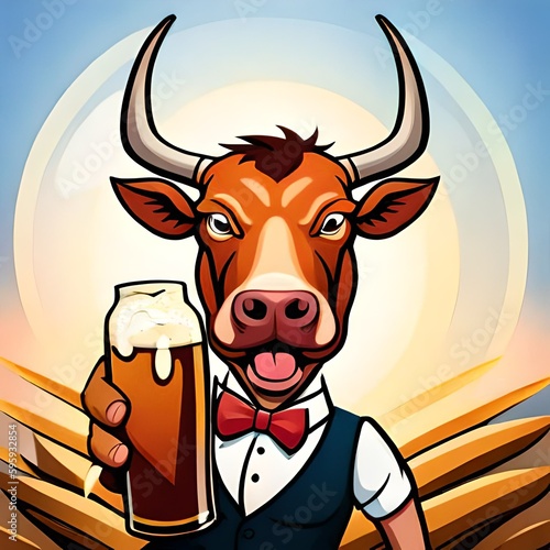 Bull triumphs and expresses his goia by drinking a beer photo