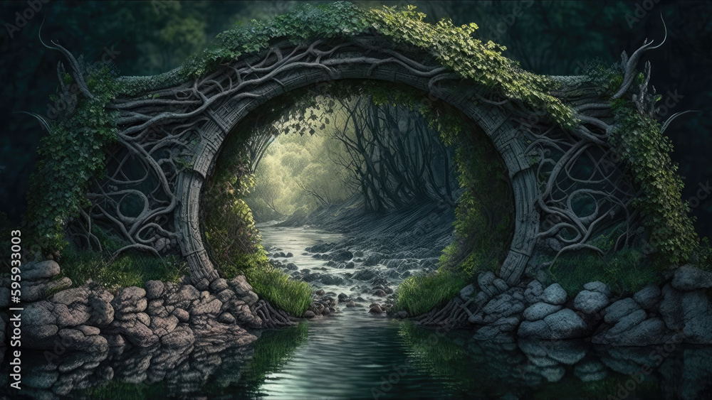 An old bridge covered in branches and creeping vegetation over a small river in the forest. Generative AI An old bridge covered in branches and creeping vegetation over a small river in the forest. Generative AI