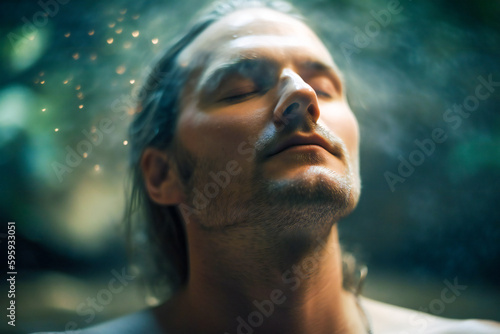 Deep meditating man in nature. Created with Generative AI technology. © Adrian Grosu