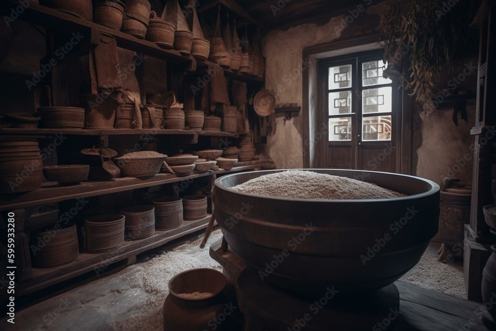 An ancient building used for grinding grain into flour. Generative AI
