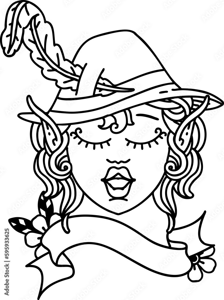 Black and White Tattoo linework Style elf bard character face