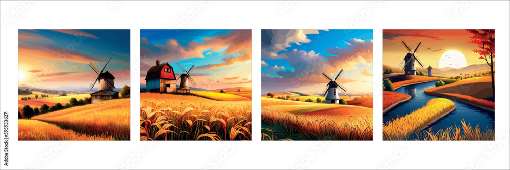 Rural summer landscape with windmill and wheat field. Vector ...