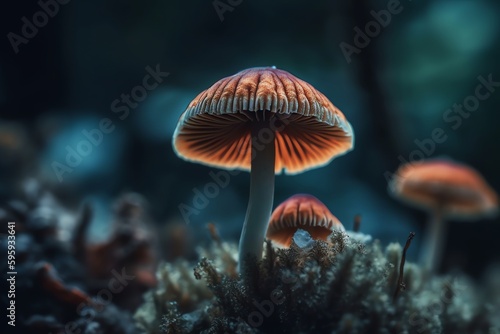 A vividly colorful, close up shot of psilocybin, the magic mushroom. Generative AI