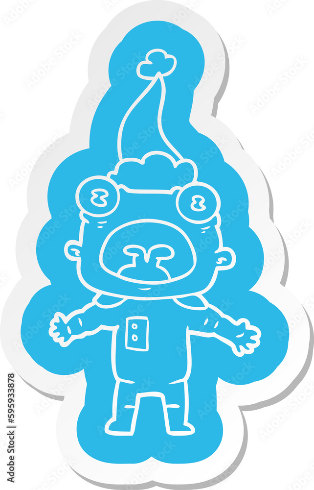 quirky cartoon sticker of a weird alien communicating wearing santa hat quirky cartoon sticker of a weird alien communicating wearing santa hat
