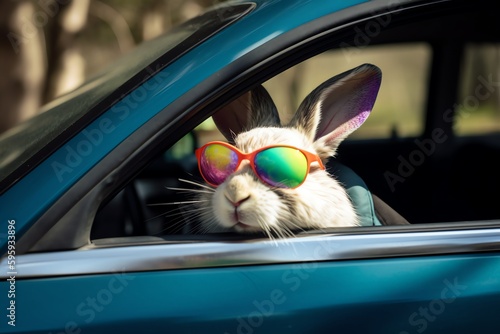 Easter Bunny With Shades Peeking Out Of Eggfilled Car. Generative AI