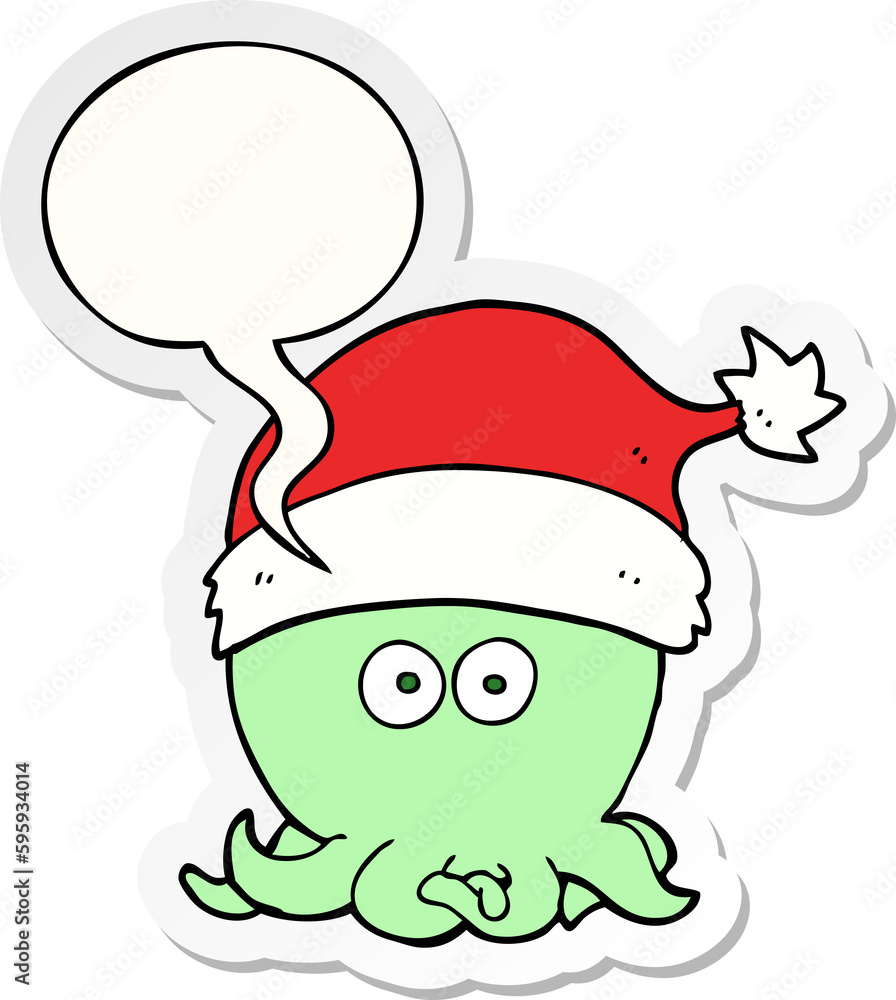 cartoon octopus wearing christmas hat with speech bubble sticker cartoon octopus wearing christmas hat with speech bubble sticker