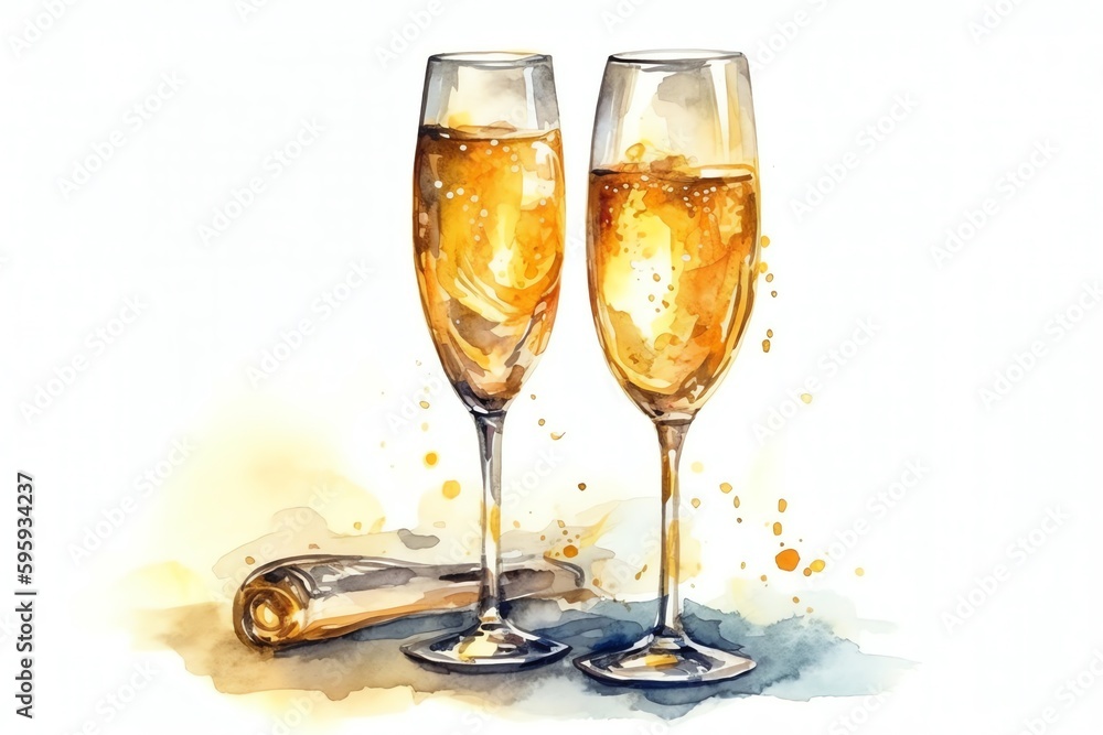 Watercolor Illustration Of Two Glasses Of Champagne, Isolated On White. Generative AI Watercolor Illustration Of Two Glasses Of Champagne, Isolated On White. Generative AI