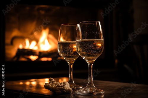 Two Champagne Glasses On A Glass Table In Front Of A Cozy Fireplace With Fire. Generative AI