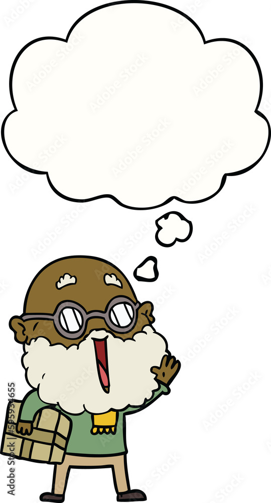 cartoon joyful man with beard and parcel under arm with thought bubble cartoon joyful man with beard and parcel under arm with thought bubble