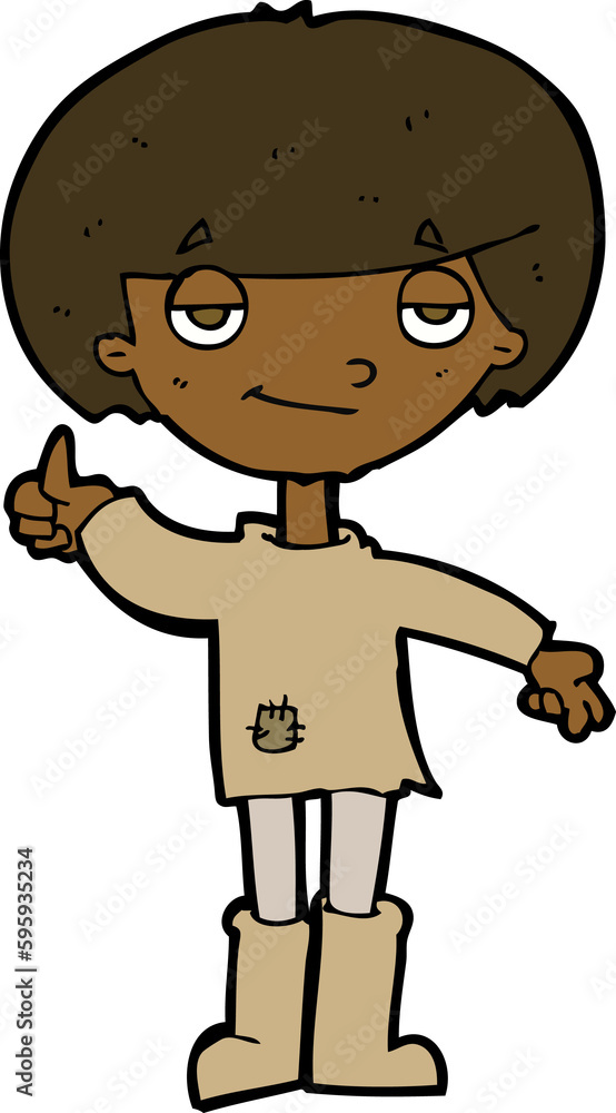 cartoon boy in poor clothing giving thumbs up symbol cartoon boy in poor clothing giving thumbs up symbol