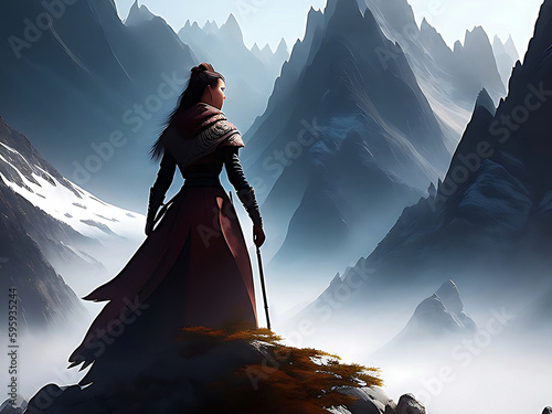 generative ai woman warrior with sword standing on mountain