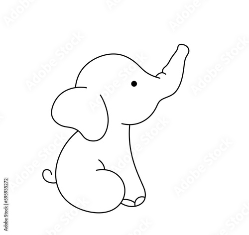 Vector isolated one single cute cartoon sitting baby elephant side view with trunk up colorless black and white contour line easy drawing