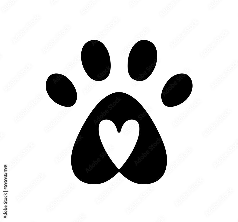 Vector isolated one single paw print with heart inside colorless black and white outline silhouette shadow shape Vector isolated one single paw print with heart inside colorless black and white outline silhouette shadow shape
