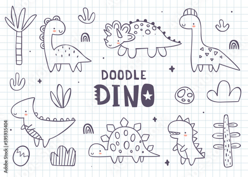 Doodle cute dino outline set for kids. Funny vector prints collection with hand drawn dinosaurs for children. Dino sketch bundle.