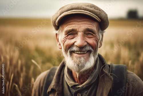 Portrait of an old peasant smiling. Wheat field in background. Created with Generative AI technology. © Adrian Grosu