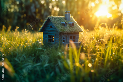 Miniature wooden house in the grass, near a forest, under the morning sun. Environmentally friendly housing concept. Created with Generative AI technology. © Adrian Grosu