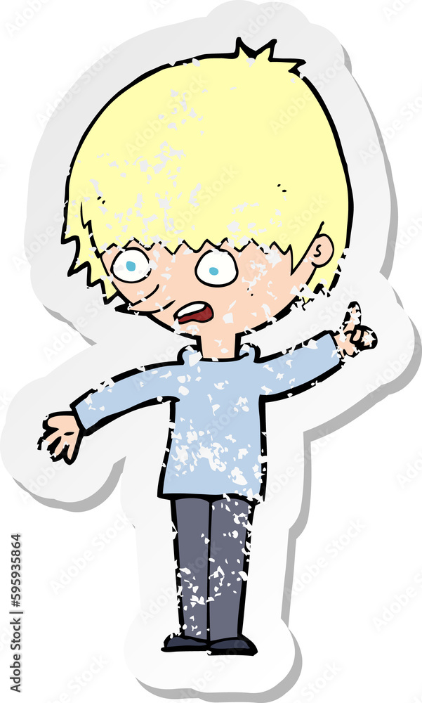 retro distressed sticker of a cartoon boy with question retro distressed sticker of a cartoon boy with question
