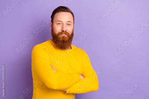 Portrait photo of young professional ceo manager director folded hands wear yellow shirt business job isolated on purple color background