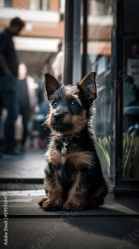 German hunting terrier puppy waits in front of the store