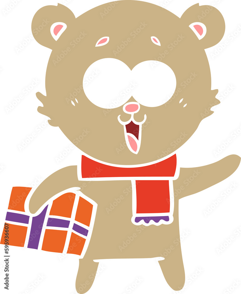laughing teddy  bear with christmas present