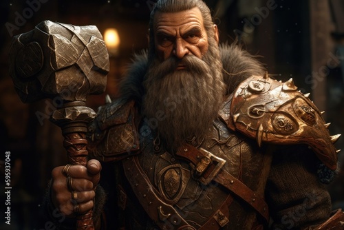 Dwarfs are a fictional humanoid race often depicted in fantasy literature, movies, and games. Typically, they are characterized as shorter and stockier than humans, with muscular builds, thick beards. photo